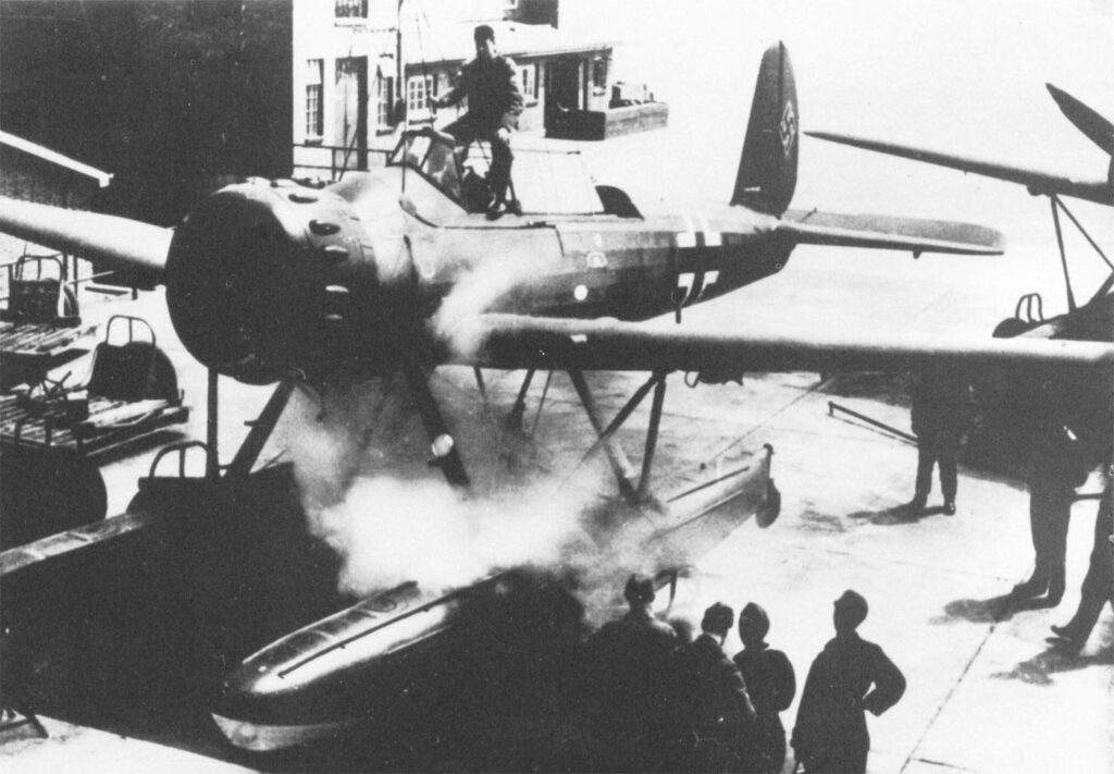 Arado Ar196A-2 1./BordFlGr196 (CU+AI) vkz (T3+FH) WkNr.100047 Running Engine In Hanger After Repair & vbz Change From (T3+GH) Aalborg Denmark