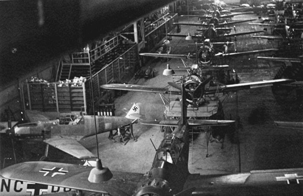 Arado Ar 196 Factory production with a Messerschmitt Bf 109 in the lower left corner