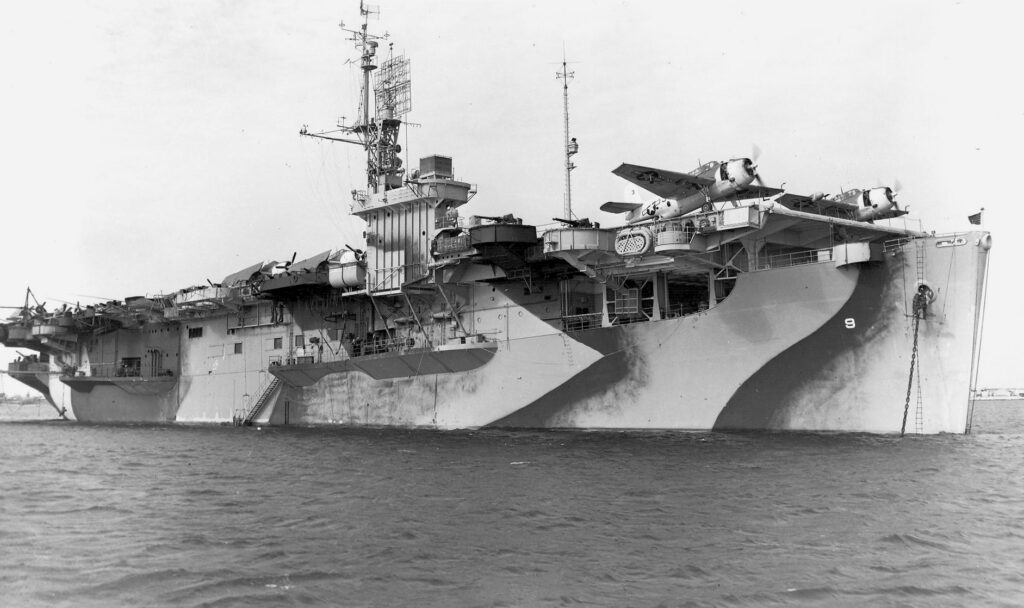 USS Bogue (CVE-9) at anchor at Bermuda, a pair of TBM Avengers Bogue wears Camouflage Measure 32, Design 4A