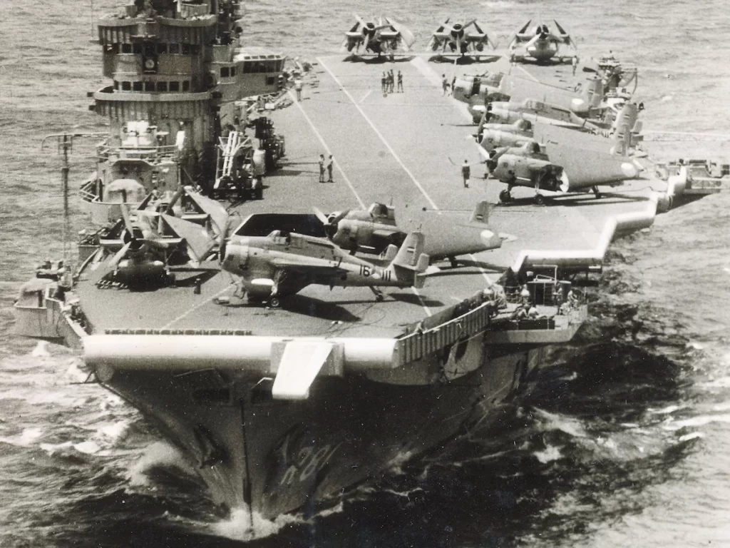 HNLMS Karel Doorman R-81 with Grumman Avengers on deck