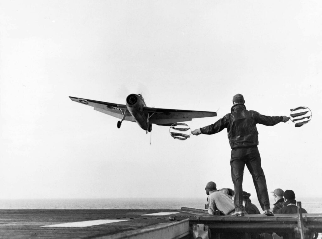 Grumman TBF of VC-1 landing on USS Card CVE-11 in 1943