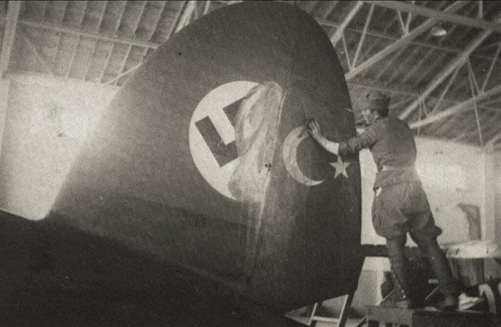 The swastika on Heinkel He-111 bombers purchased from Germany by the Turkish Air Force is replaced with a star and crescent 1937