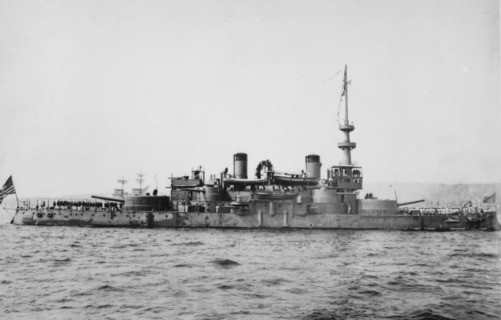 August 20, 1898 USS Oregon seen in the Naval Review in the Hudson River, New York City following duty in the Spanish-American War