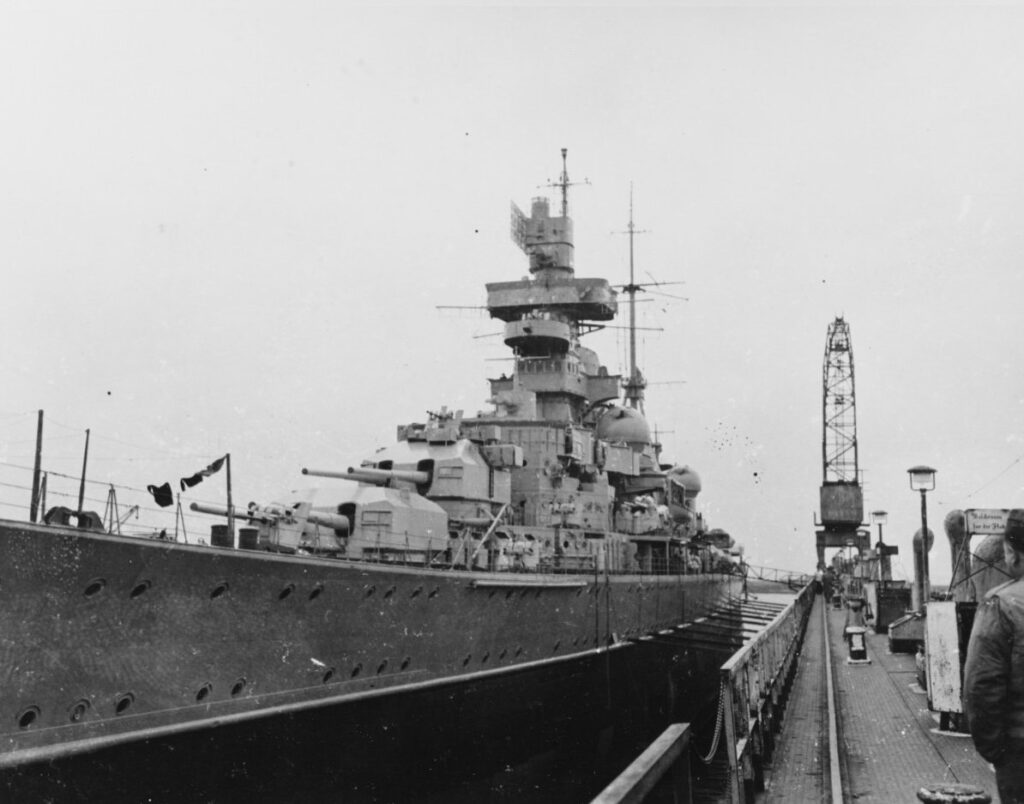 Prinz Eugen in a floating drydock at Wilhelmshaven, soon after V-E Day.