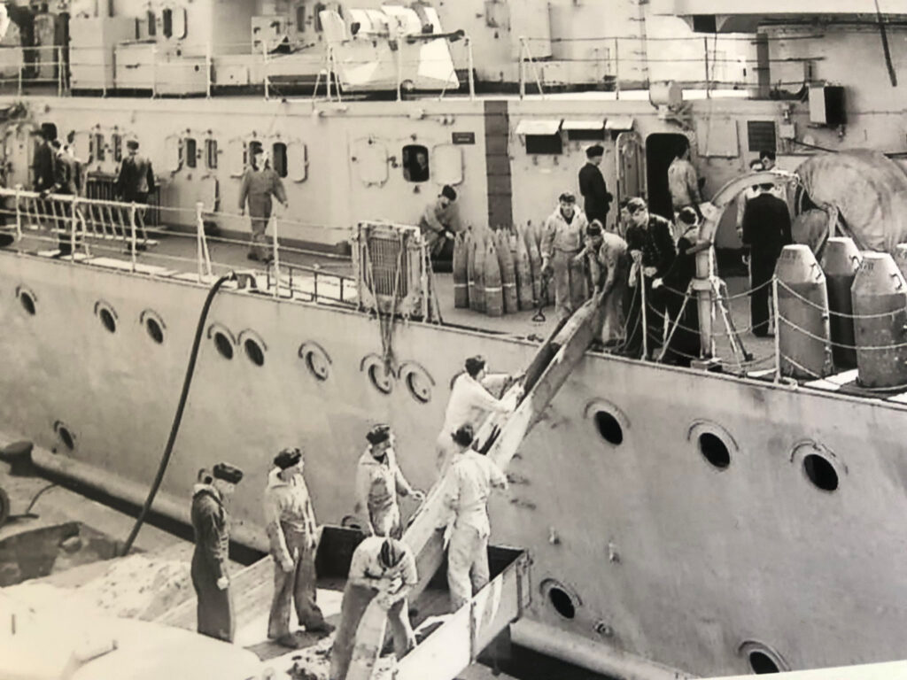 Kriegsmarine sailors disposing ammunition from Prinz Eugen, surrendered at Copenhagen, Denmark 1945