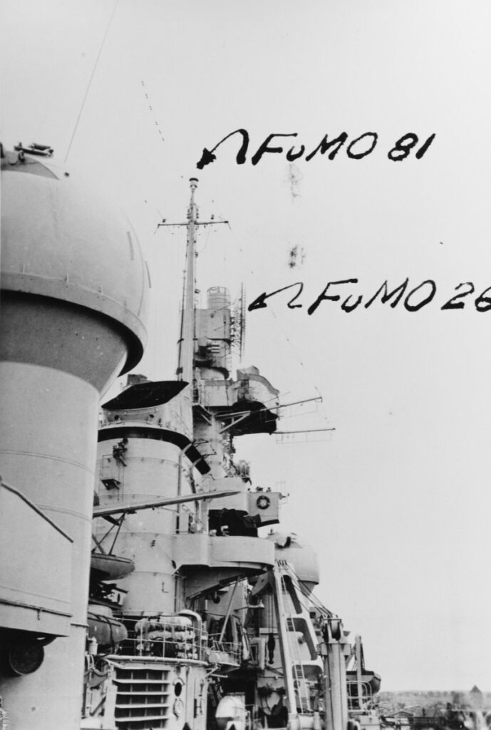 Looking forward from amidship after V-E Day, with FuMO 26 and FuMO 81 radar antennas