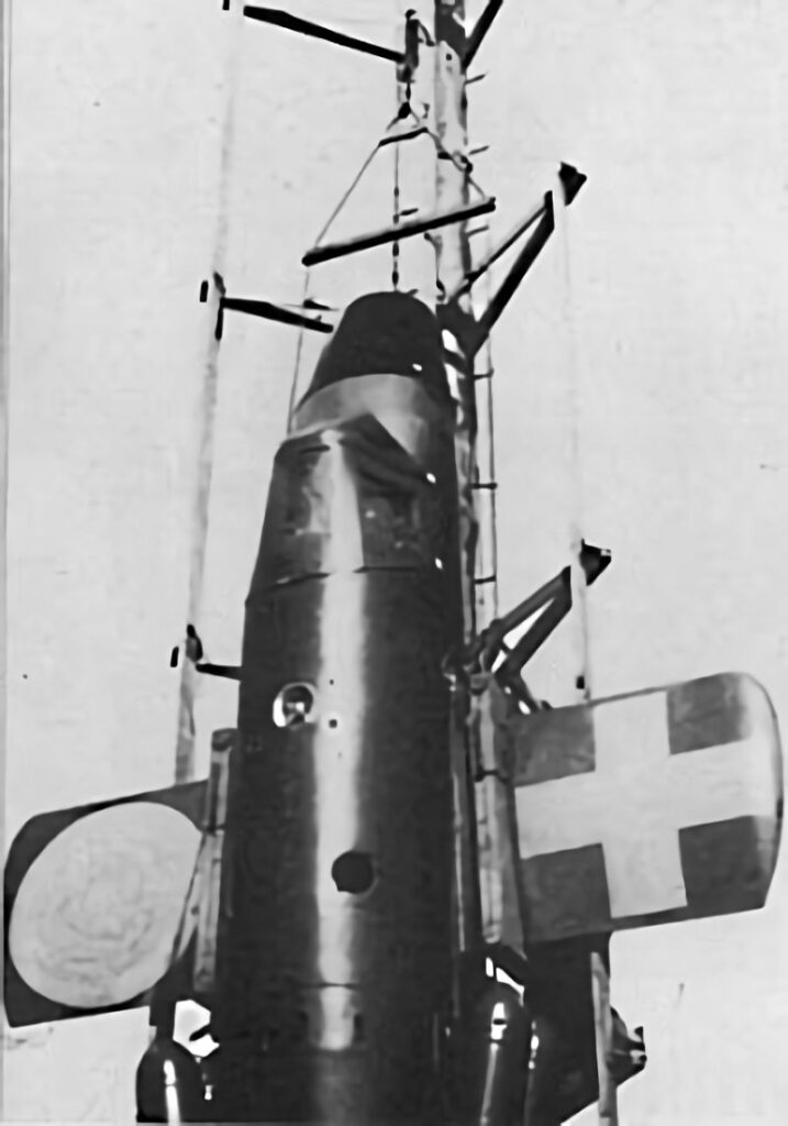 Bachem Ba 349 on the launch tower for a test flight