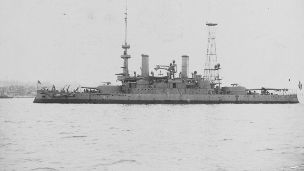 USS Oregon seen off a west coast port between 1913 and 1916.