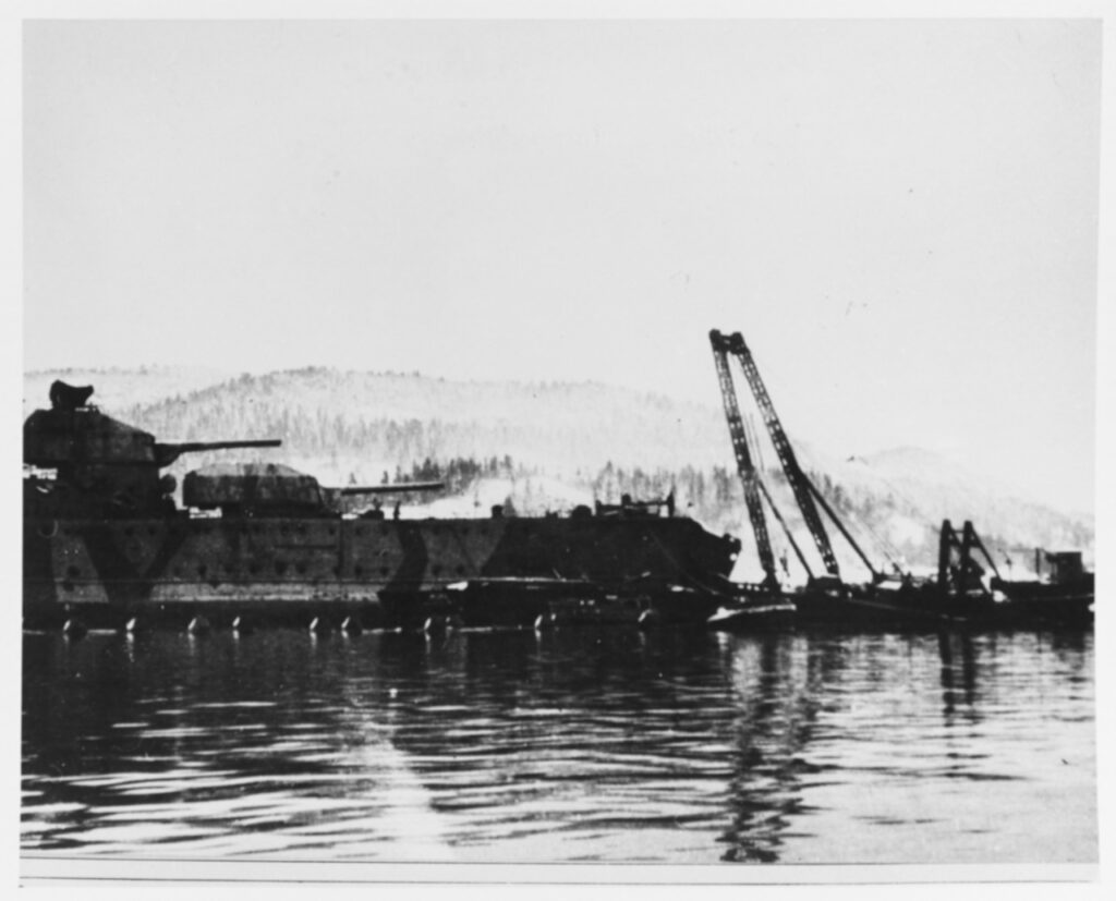 Prinz Eugen under repairs at Trondheim, Norway, after being torpedoed by the British submarine Trident on 23 February 1942