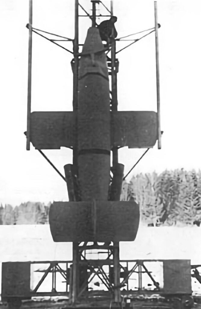 Bachem Ba 349 on the launch tower for a test flight