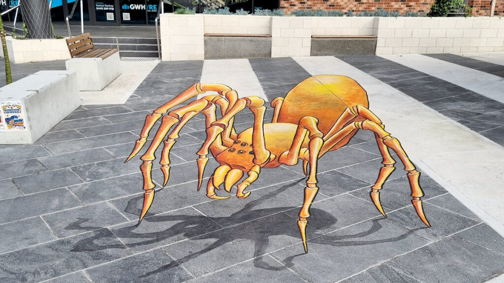 Giant spider on Hunter Street. 3D chalk drawing Chalk the Walk Newcastle 2023