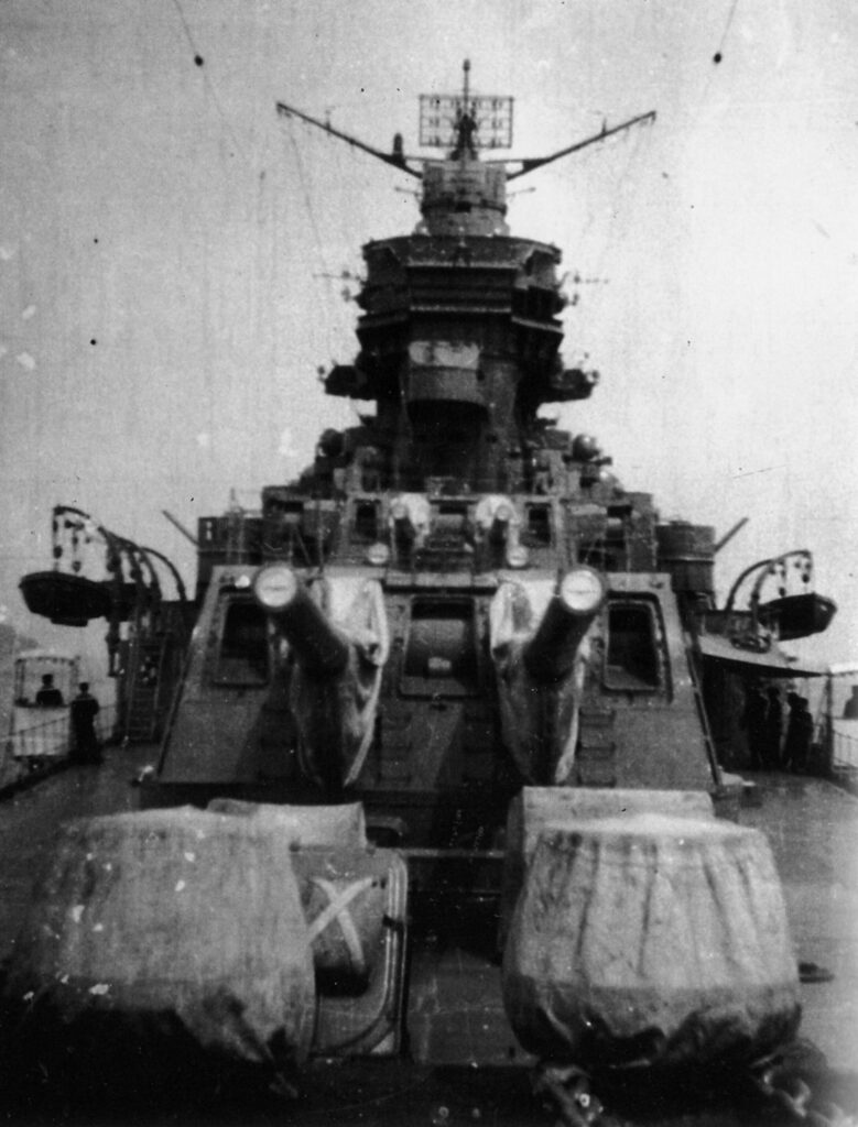 Forecastle and front gun turrets of the Mogami after conversion as an aircraft cruiser, August 1943