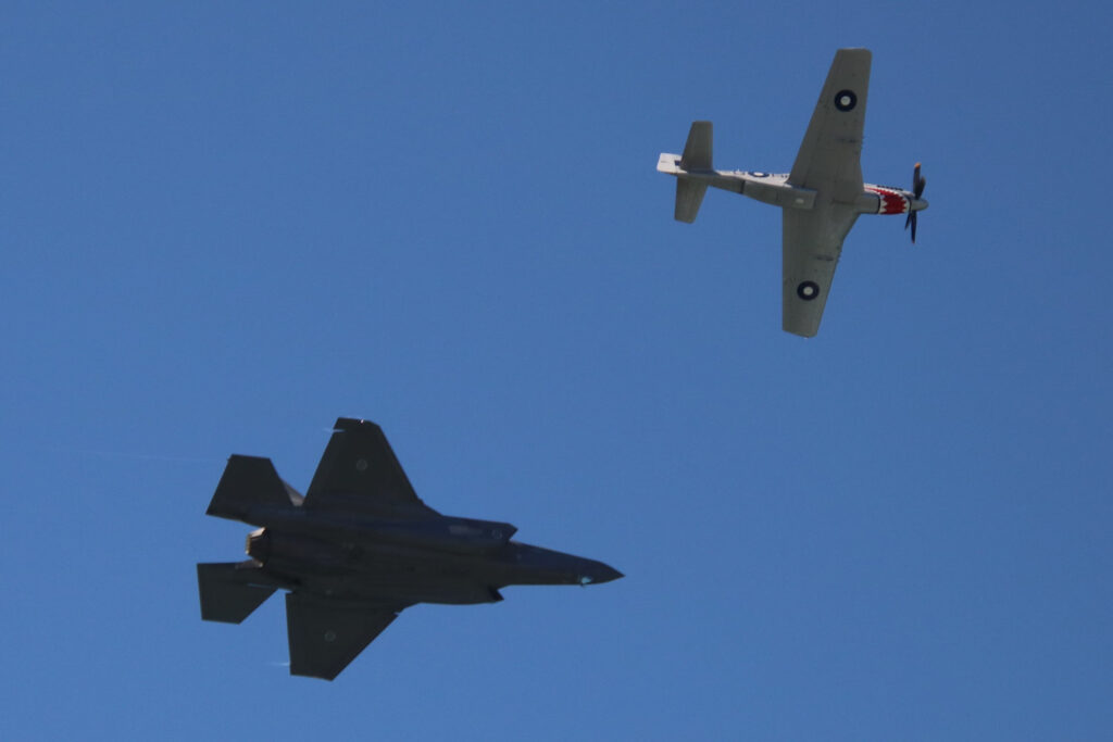 Lockheed Martin F-35A and CAC CA-18 Mustang over Nobbys Beach Newcastle Williamtown Air Show 2023