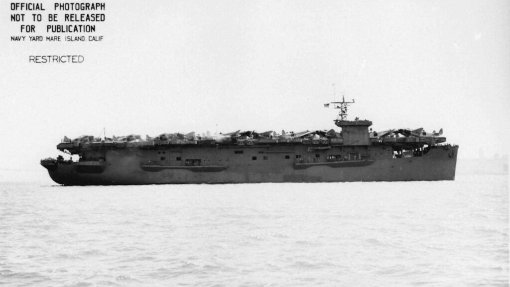 Starboard broadside view of USS Copahee (ACV-12) in San Francisco Bay, 9 May 1943