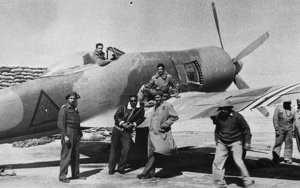 Hawker Fury F.1 fighter on loan from the Royal Iraqi Air Force to the REAF Iraqi Furies loaned to Egypt retained their Iraqi markings but had black and white Egyptian fighter recognition stripes added