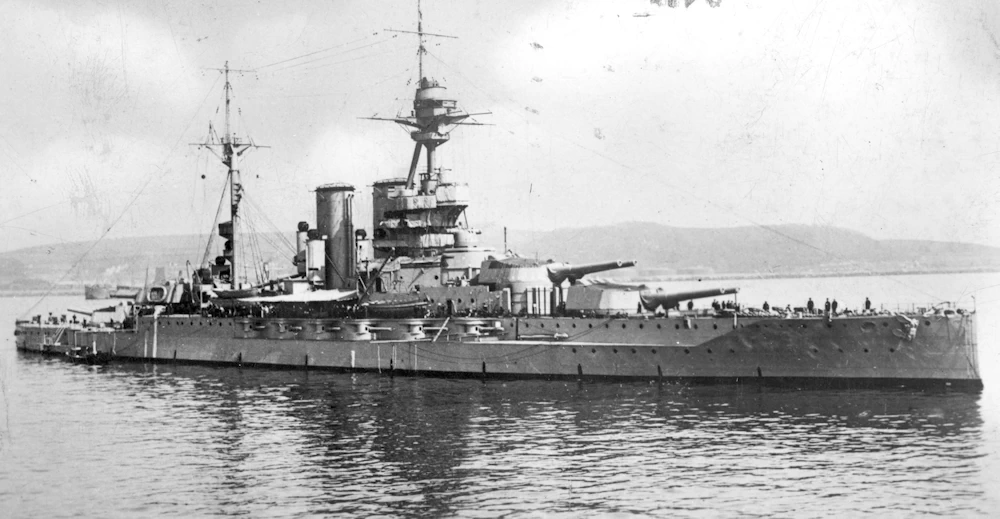 HMS Queen Elizabeth. Photo taken post-war, very late 1918 or 1919, when she was guarding the interned High Seas Fleet at Scapa Flow