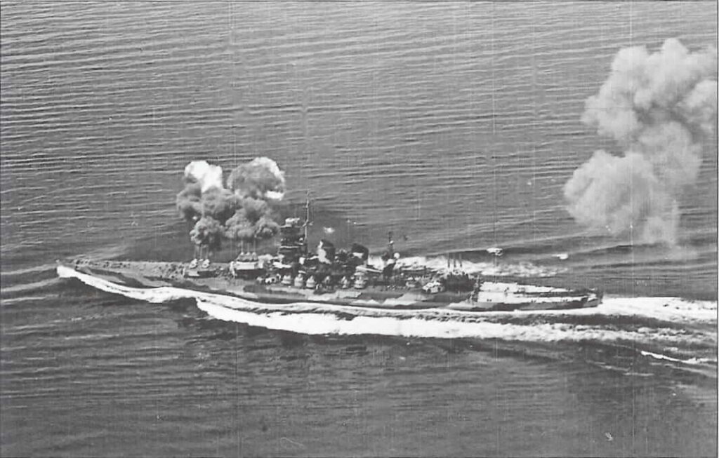 Littorio undergoing gunnery practice in the Ligurian Sea, in the spring of 1943