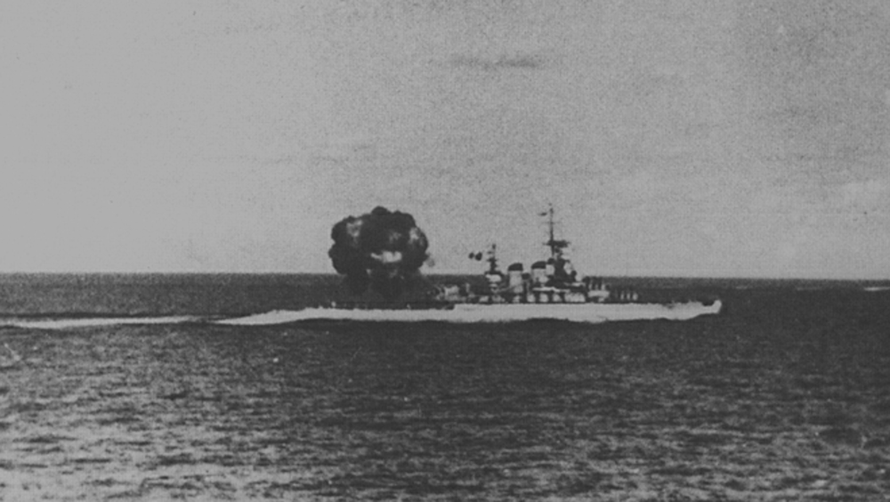 Vittorio Veneto engages British cruisers with her 381mm battery at the Battle of Cape Spartivento (Capo Teulada), 27 November 1940