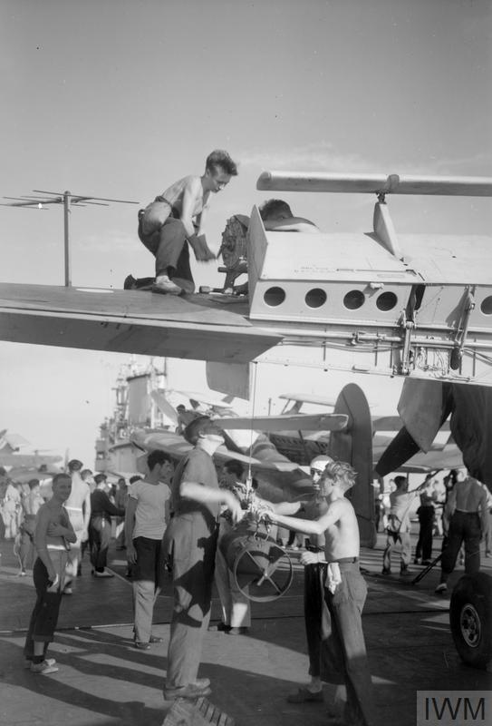 Fairey Barracuda being armed 23 - 24 August 1944 HMS Indomitable. For a raid on the west coast of Sumatra