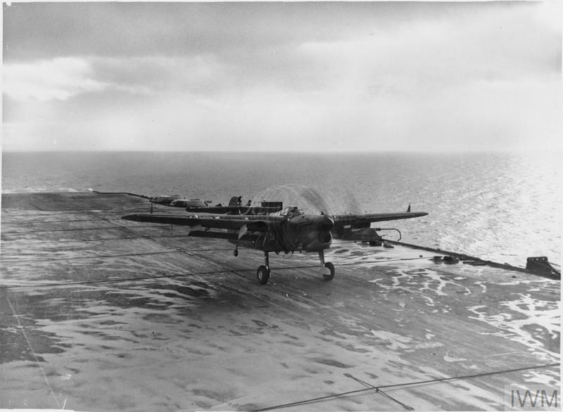 Barracuda torpedo aircraft taking off from HMS Illustrious on the Clyde