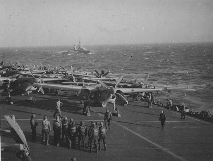 Barracudas of 821 Squadron ranged on HMS Puncher off Norwegian coast with Force 2, during Operation Shred, February 21, 1945