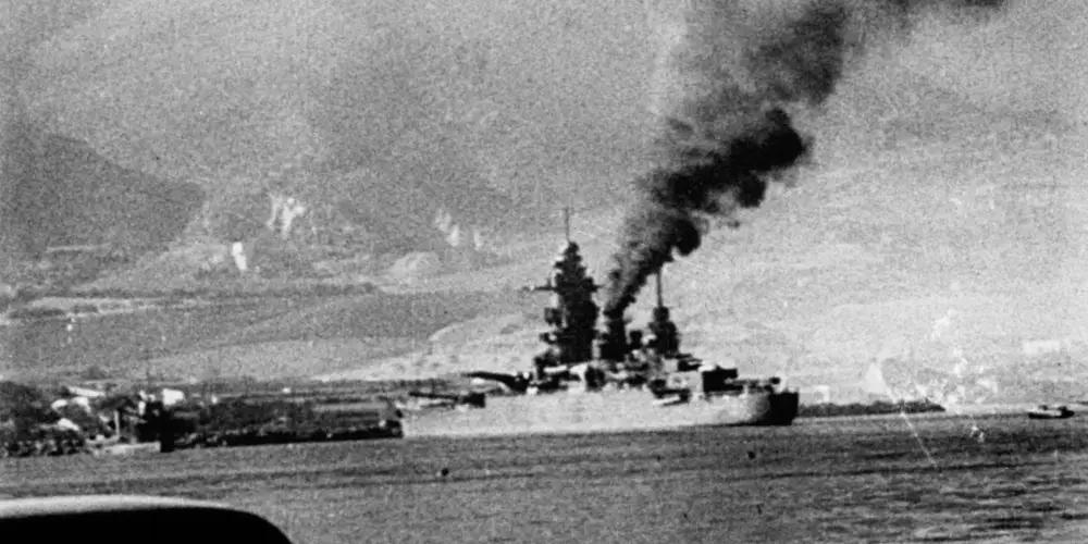 Dunkerque beached near the small town of St André, after a British hit caused her to lose propulsion and steering