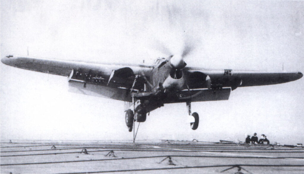 Fairey Barracuda TR.III landing on HMS Nairana