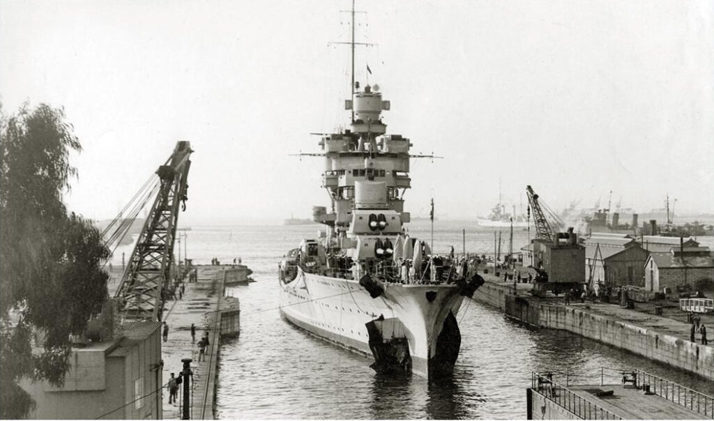 Gorizia at Tangiers, in late August 1936, showing damage to her bow due to an explosion in the aviation fuel tank