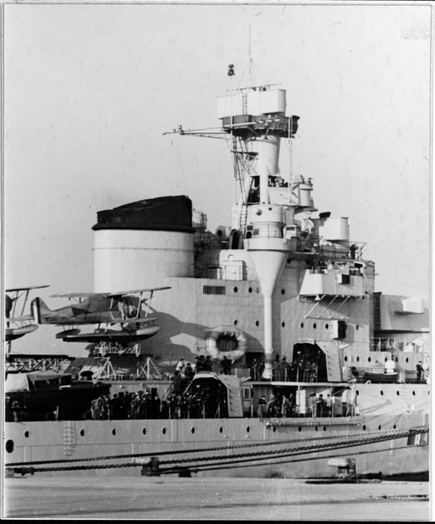 View of the forward superstructure. An Ro. 43 floatplane can be seen amidships