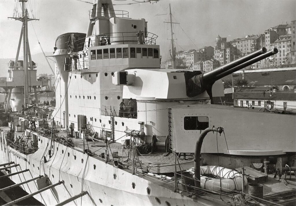 conning tower and the fore turrets of Bolzano during its fitting out, Genoa, 1933