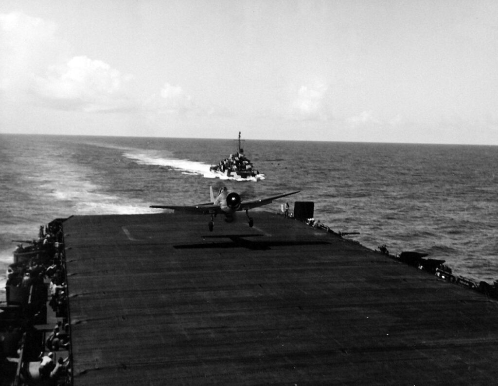 Grumman F6F-3 Hellcat landing on USS Gambier Bay CVE-73