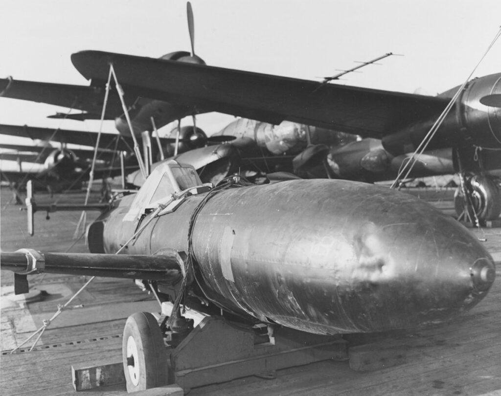 Yokosuka MXY-7 Ohka being transported aboard USS Core (CVE-13)