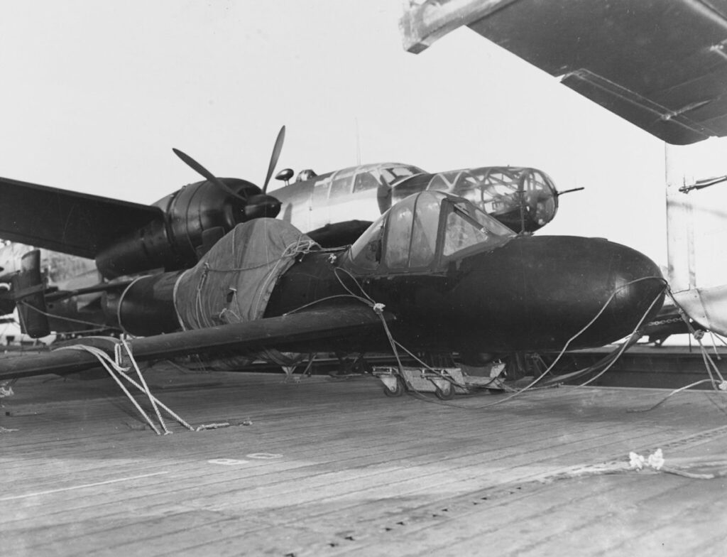 Yokosuka MXY-7 Ohka K-1 training glider being transported aboard USS Core (CVE-13)