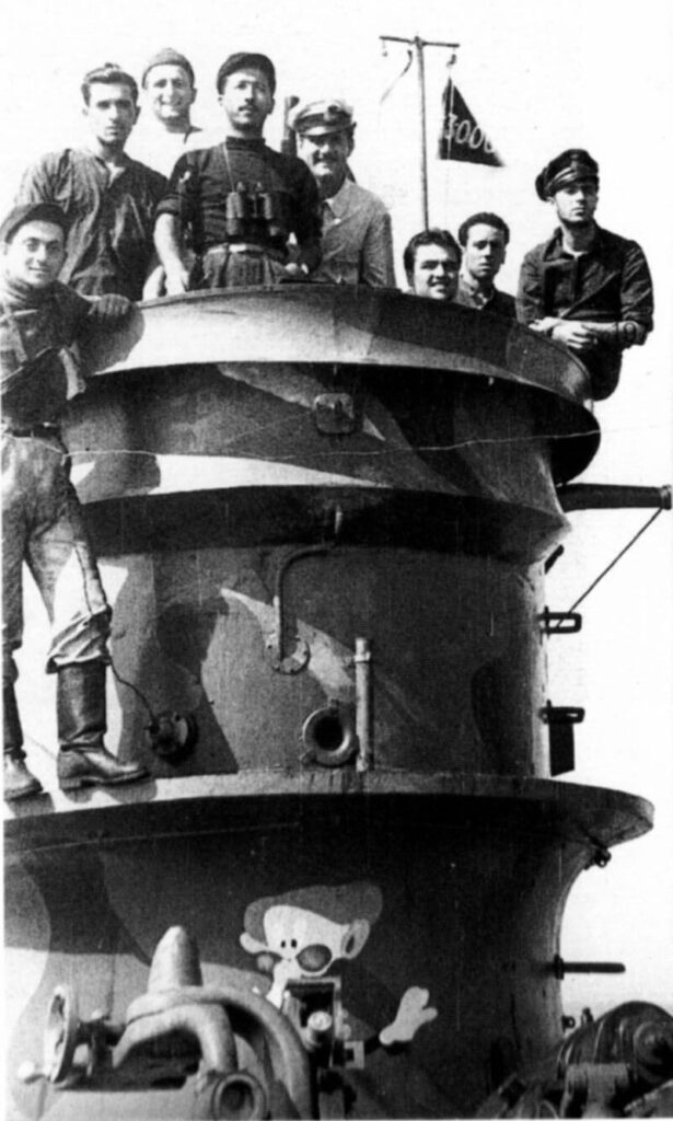 Buldrini (with binoculars around his neck) and other members of Bronzo's crew in August 1942.