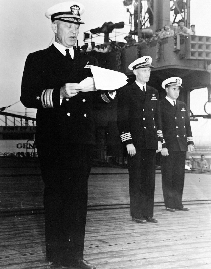 Commissioning ceremonies aboard USS Liscome Bay (CVE-56), 7 August 1943