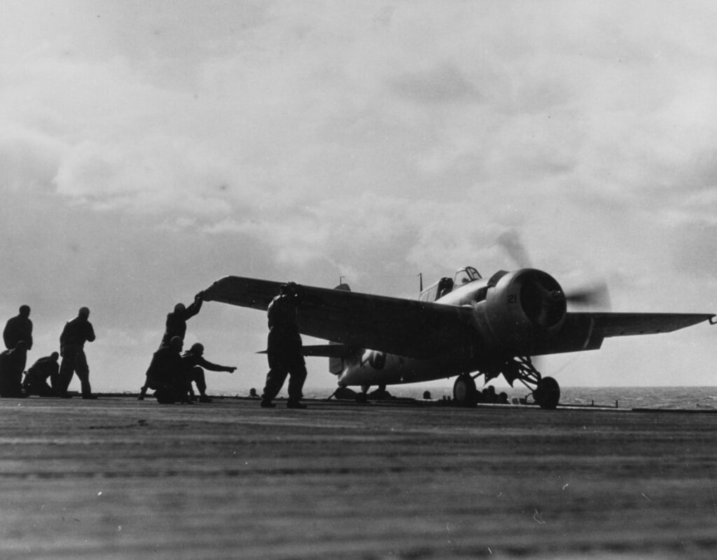 General Motors FM-2 Wildcat #21 ready for catapulting, in the North Atlantic, 12 April 1944