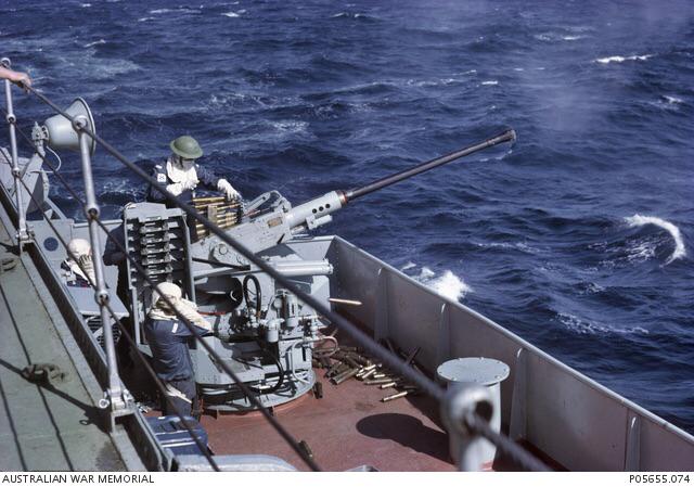 Testing a Bofors gun on HMAS Sydney(III), while en route to Vietnam. c. 25 May-11 June 1966