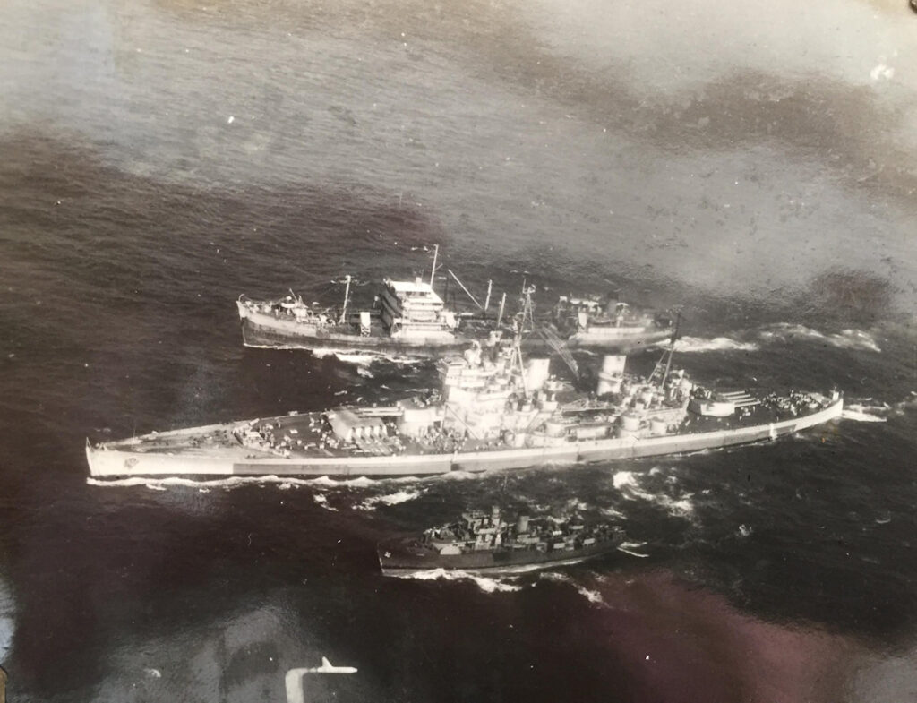 HMS King George V conducts a replenishment at sea while operating with the British Pacific Fleet, July 1945