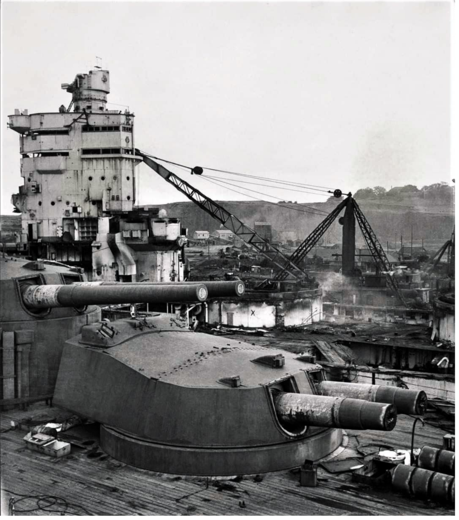 HMS Revenge and HMS Nelson being cut up at the breakers, Inverkeithing, Scotland, 1949