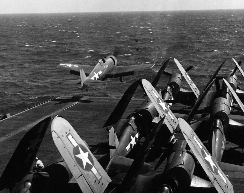 Grumman F6F-3 Hellcat taking off during the Marshall Islands Campaign