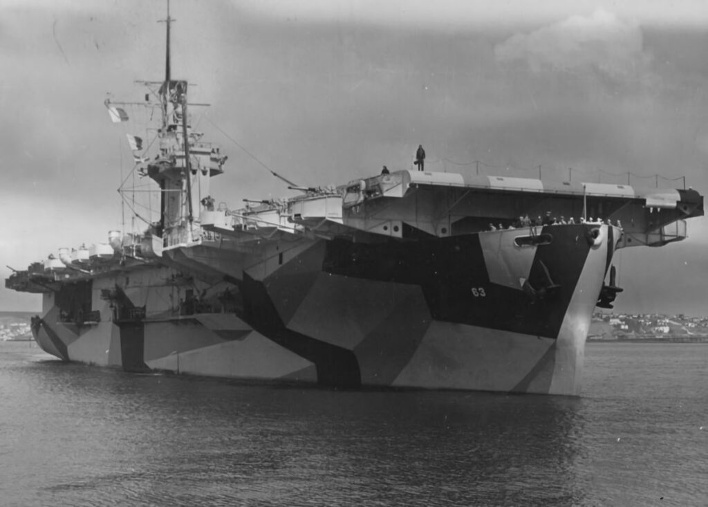 USS Midway (CVE-63) at San Diego, April 1944. Camouflaged in Measure 32, Design 15A