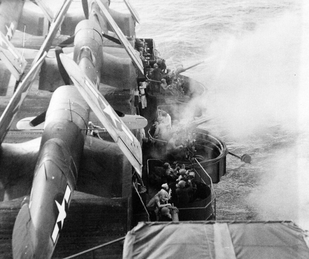 Starboard battery aboard USS Gambier Bay (CVE-73) in action during the Marshall Islands Campaign, 15 February 1944