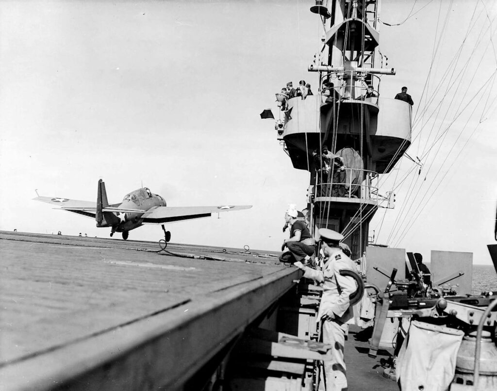 Grumman TBF-1 Avenger of VGS-13 takes off from USS Core ACV-13 February 15, 1943