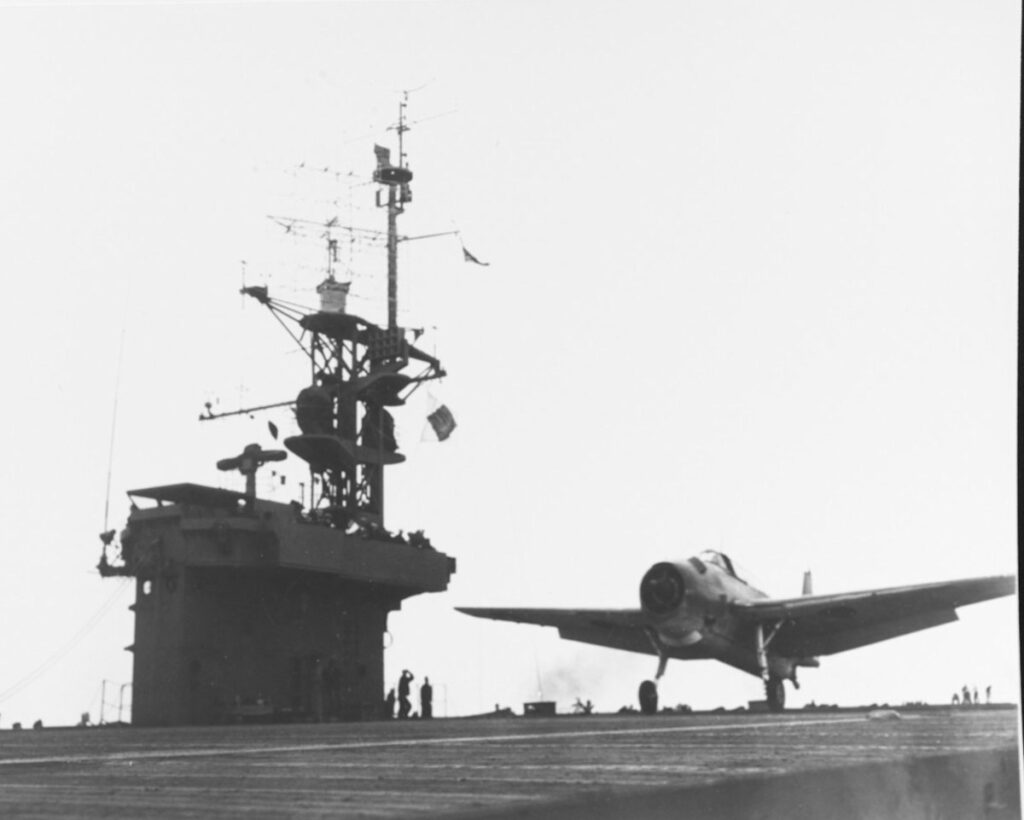 Grumman TBF Avenger makes the first takeoff from USS Salamaua CVE-96 during shakedown off the U.S. Pacific Coast, 1 July 1944