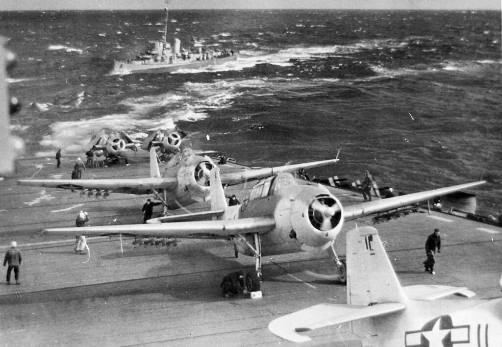 Grumman TBM Avengers and General Motors FM Wildcats of VC-36 on the flight deck of the USS Core CVE-13 Atlantic on April 9, 1944