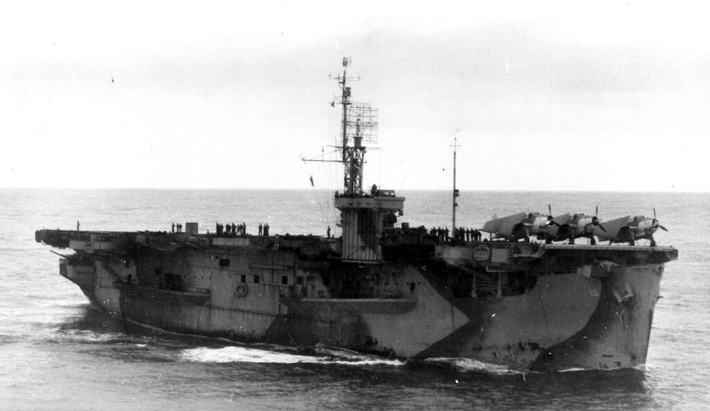 USS Core (CVE-13) wearing camouflage Measure 32, Design 4A, 31 August 1944