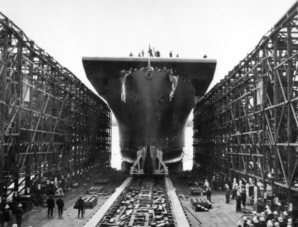 USS Liscome Bay is launched on April 19, 1943, at the Kaiser Shipyard.