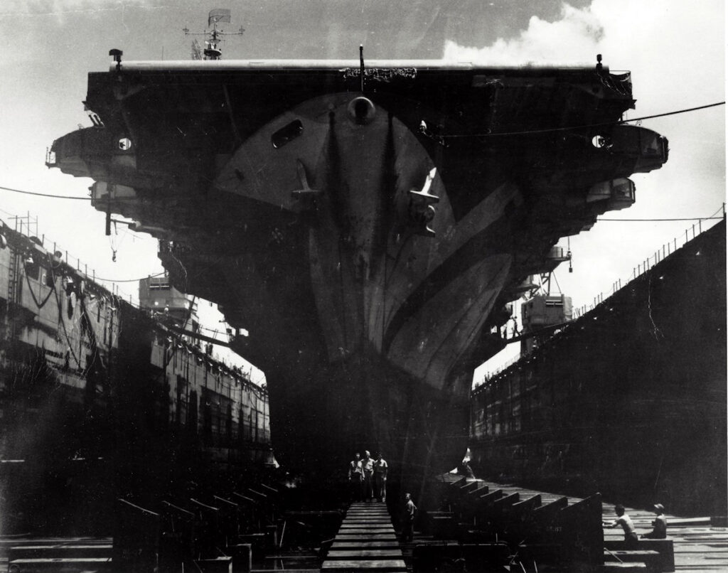 USS Salamaua (CVE-96) in dry dock following kamikaze strike