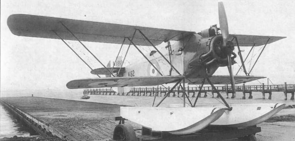 On its dolly at Felixstowe, the second prototype Parnall Peto (N 182) has earlier type floats without water rudders, and the engine is a three-cylinder Bristol Lucifer radial.