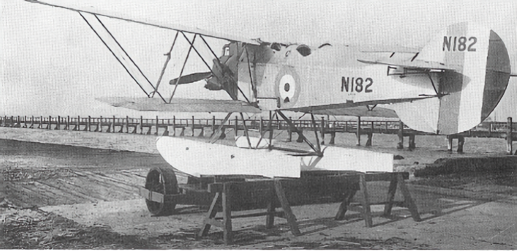 On its dolly at Felixstowe, the second prototype Parnall Peto (N 182) has earlier type floats without water rudders, and the engine is a three-cylinder Bristol Lucifer radial.